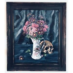 Floral Still Life Skull 20x24 Acrylic on Linen In Wood Mid century Modern Frame
